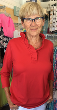Load image into Gallery viewer, LuluB 3/4 Sleeve Ruffle Neck Shirt with UPF 50+ and a Coolant in the Fabric