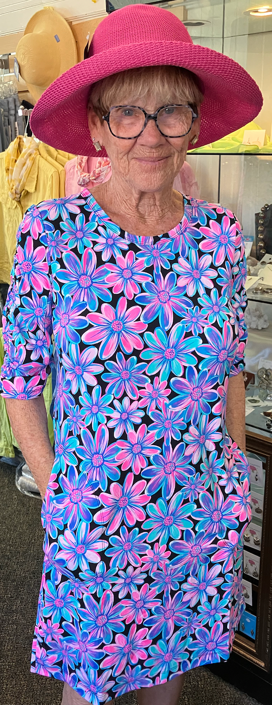 BEACHTIME by LuLuB...Bold & Bright Flower V-Neck Dress with 3/4 Sleeves and Front Pockets (UPF 50)