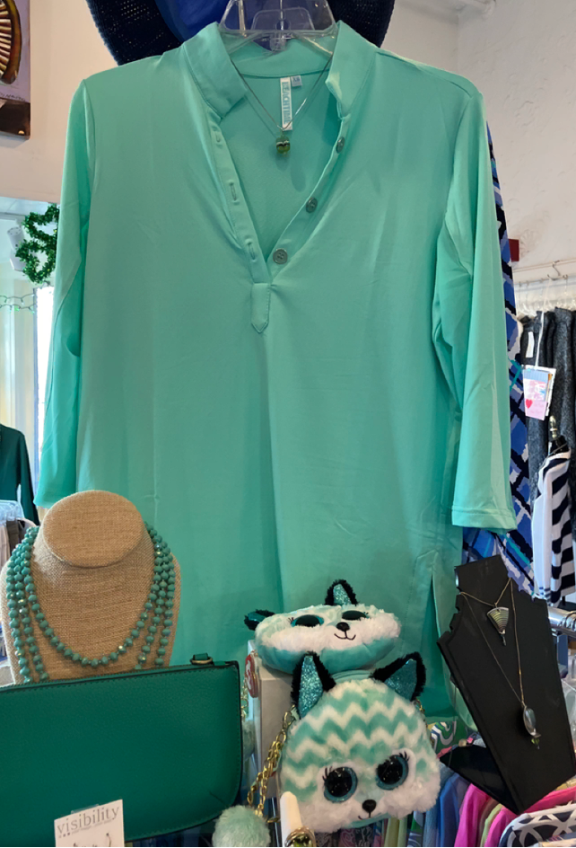 Beachtime Key Hole Tunic with a Demi Stand Up Collar, and 3/4 Sleeve Tunic with SPF50+ Sun Protection