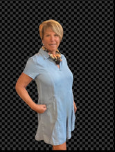 Load image into Gallery viewer, Cheryl wearing a light blue dress with a floral scarf on a transparent background
