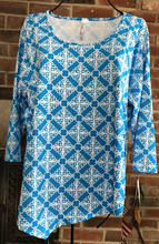 Load image into Gallery viewer, LuLu B Asymmetrical 3/4 Sleeve Shirt with UPF 50+ and Coolant in the Fabric
